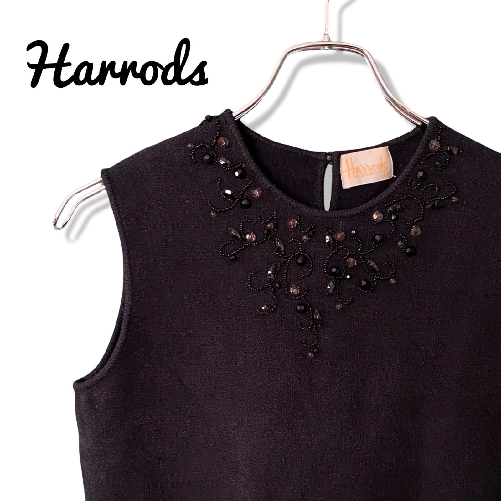 Harrods ハロッズ ブラック ノースリーブニット カットソー ビーズ刺繍 