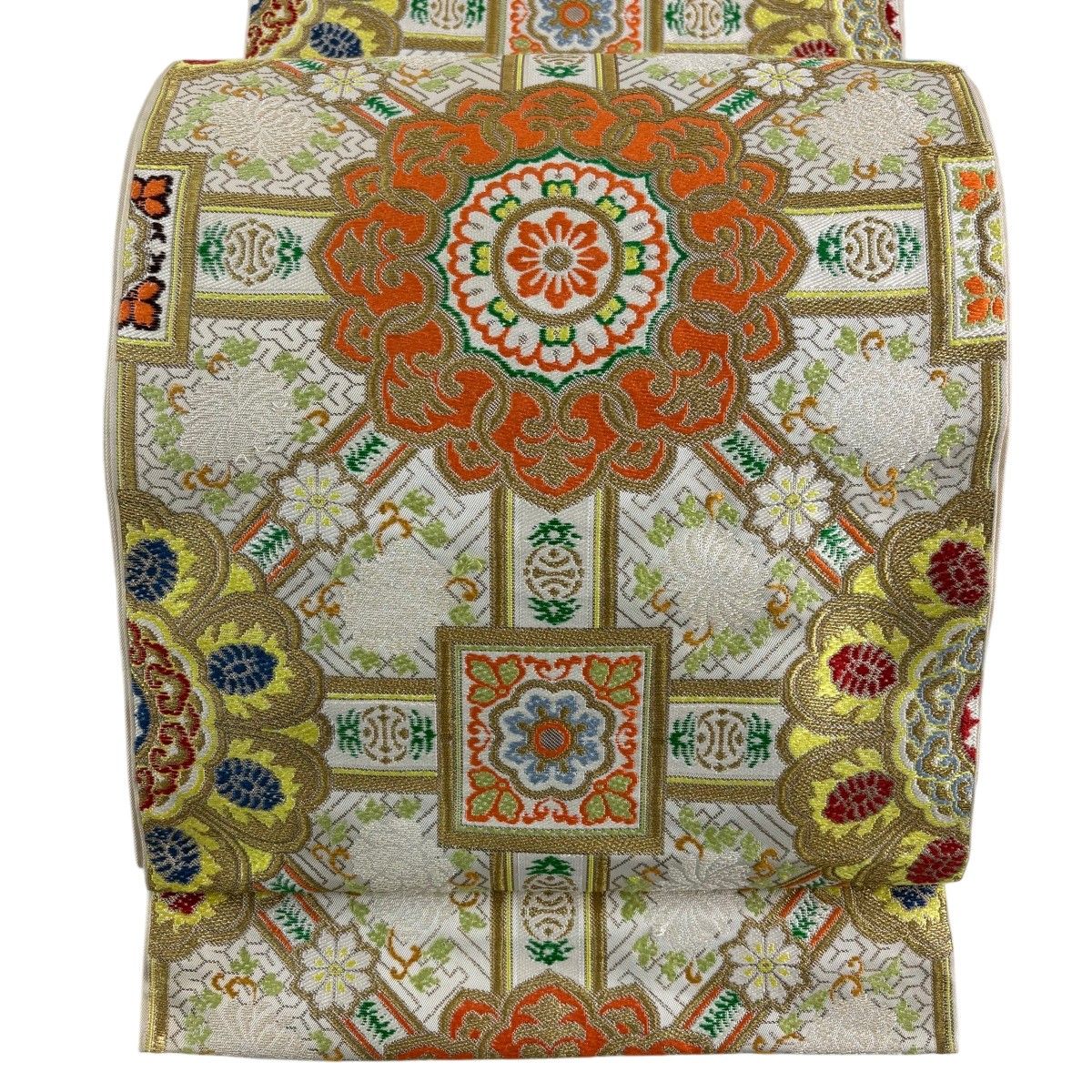 袋帯 名品 川島織物 落款 華文 草花 金糸 箔 クリーム 六通 正絹 袋帯 名品 川島織物 落款 華文 草花 金糸 箔 クリーム 六通 正絹