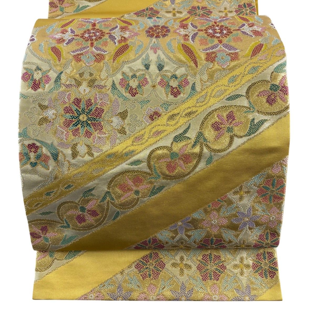 名品コレクション 袋帯 ベージュ 黄色 花唐草  華文  六通 名品コレクション 袋帯 ベージュ 黄色 花唐草 華文 六通 袋帯 逸品