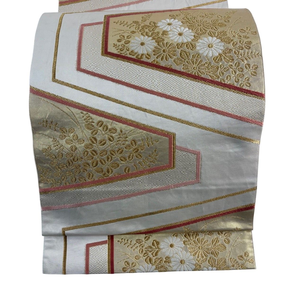 袋帯 秀品 渡文 落款 菊 萩 金糸 箔 ベージュ 全通 正絹 【中古 