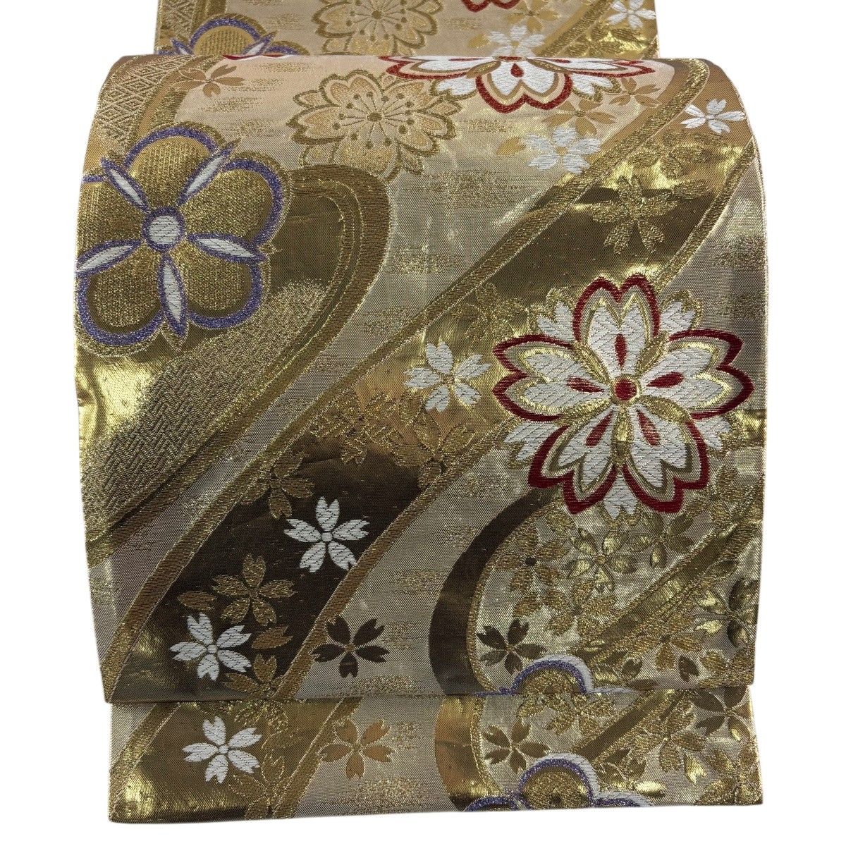 袋帯 秀品 幾何学 縞 金糸 箔 薄茶色 六通 正絹 中古 袋帯 美品 秀品 全通 正絹 【中古】 袋帯 美品 名品 斜縞 幾何