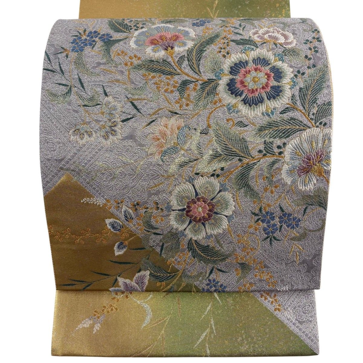 袋帯 秀品 華文 花唐草 汕頭刺繍 金彩 灰緑 お太鼓柄 正絹 【中古 