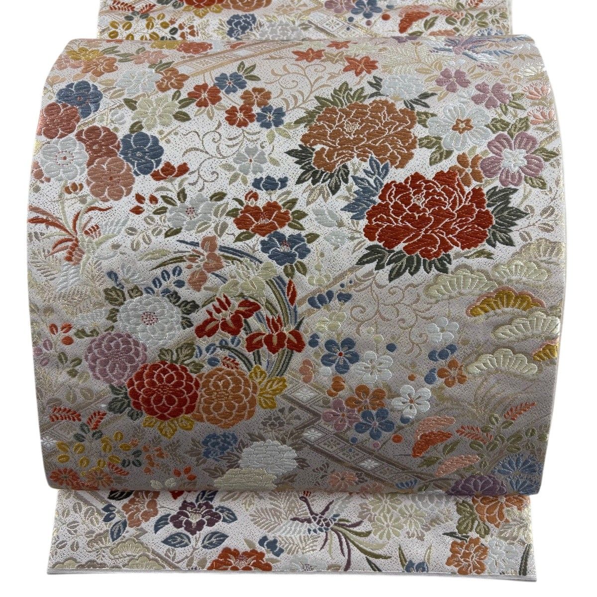 袋帯 秀品 関西仕立て 草花 尾長鳥 箔 唐織 ベージュ 六通 正絹 【中古 