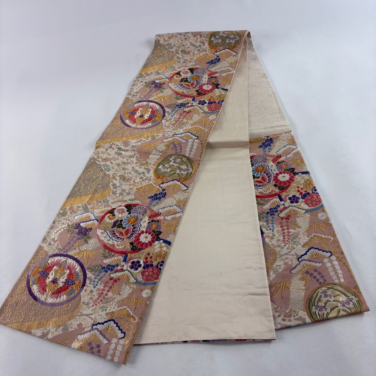 袋帯 美品 秀品 織悦 落款 花唐草 龍 金銀糸 ピンクベージュ 全