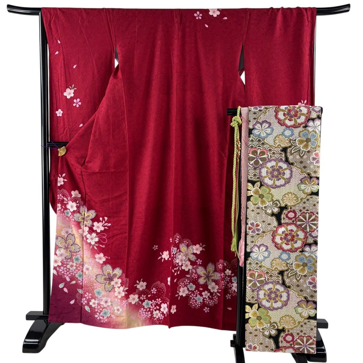 美品】 振袖 身丈161cm 裄丈67cm M 袷 袋帯フルセット 桜 花びら 箔 