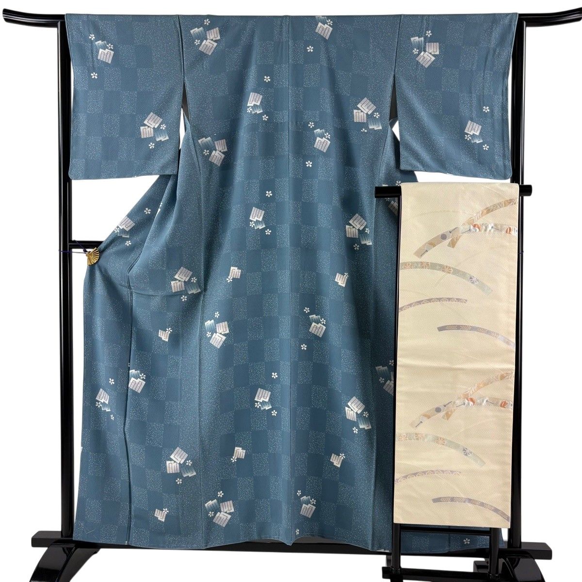 小紋 身丈160.5cm 裄丈64cm 正絹 秀品 【中古】 小紋 身丈158.5cm 裄丈64cm M 袷 名古屋帯セット 源氏香 桜 青灰色