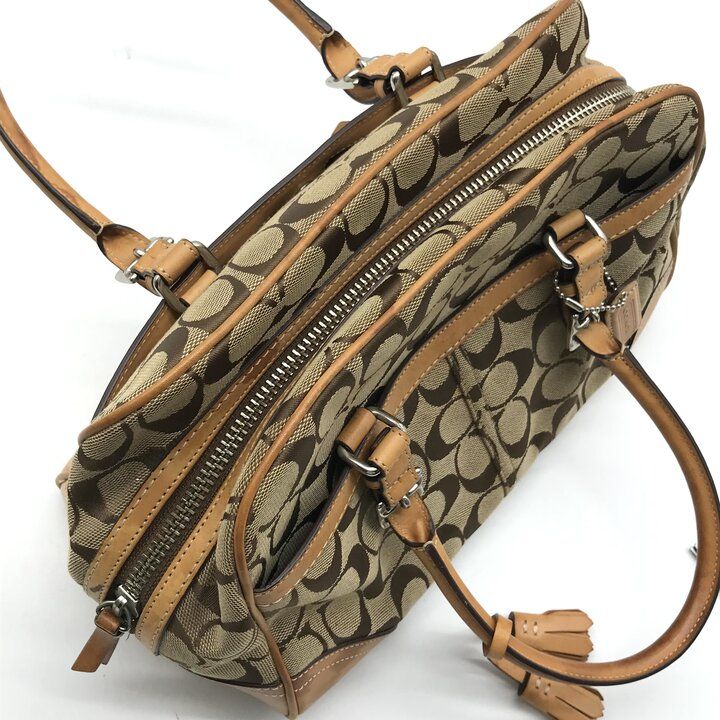 COACH コーチ シグネチャー キャンバス レザー タッセル ハンド バッグ 