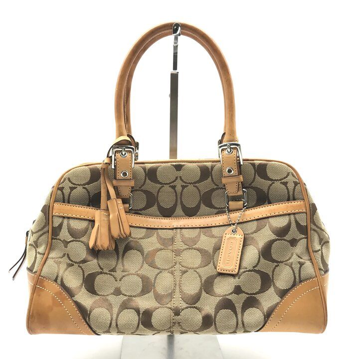 COACH コーチ シグネチャー キャンバス レザー タッセル ハンド バッグ 