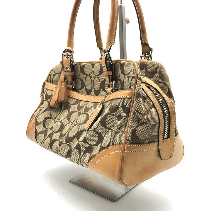 COACH コーチ シグネチャー キャンバス レザー タッセル ハンド バッグ 