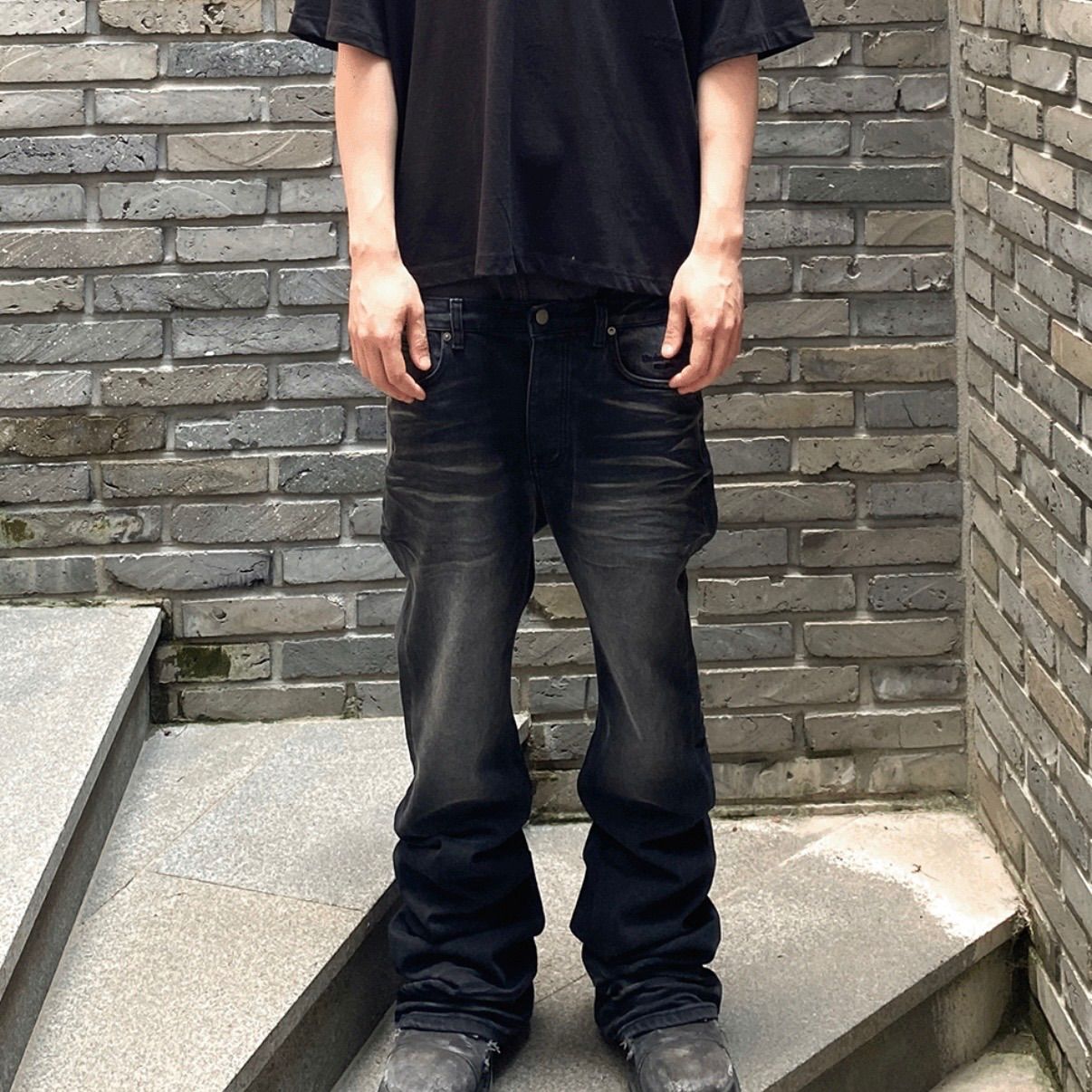 undermycar】Mu.114 Original Logo WASHED Slim FLARE JEANS BLK