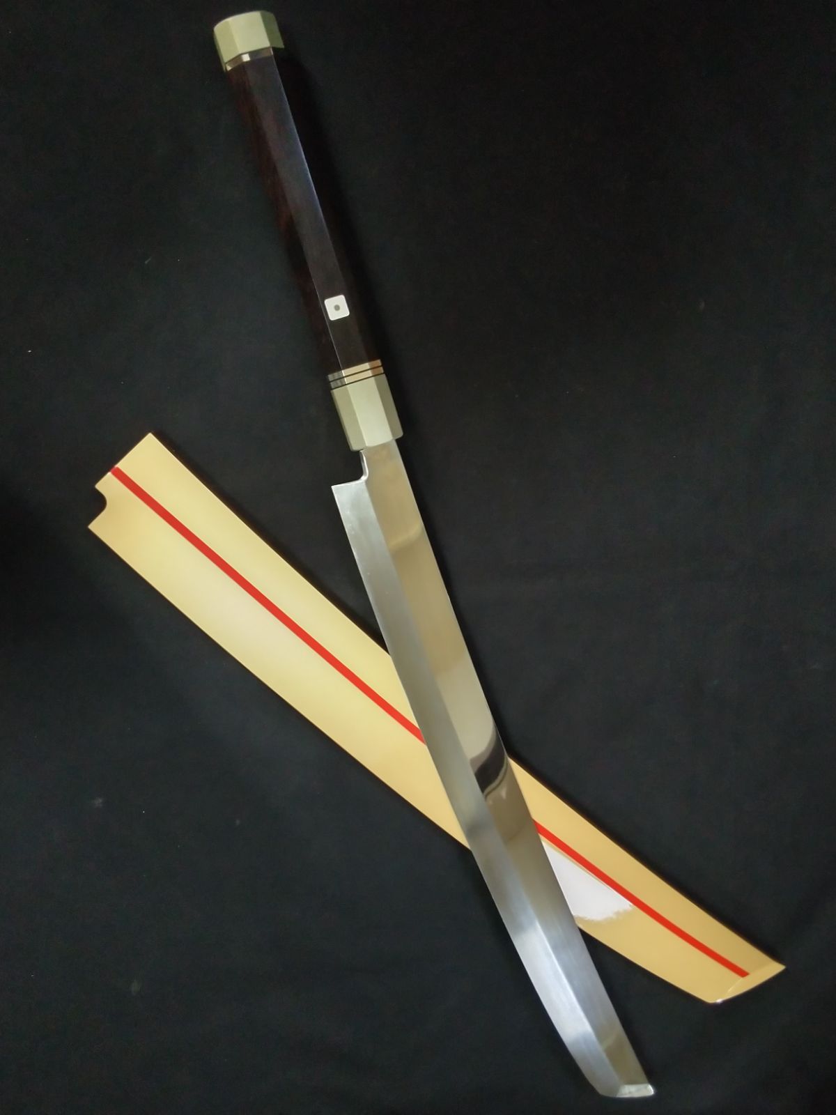 城山刃物製作所(堺業務用刃物メーカー直売)尺五　剣型先丸　超鋼スーパー本焼き(セミステン)(錆びにくい)両鏡面　黒檀白銅柄　特注ウレタン塗り鞘付き