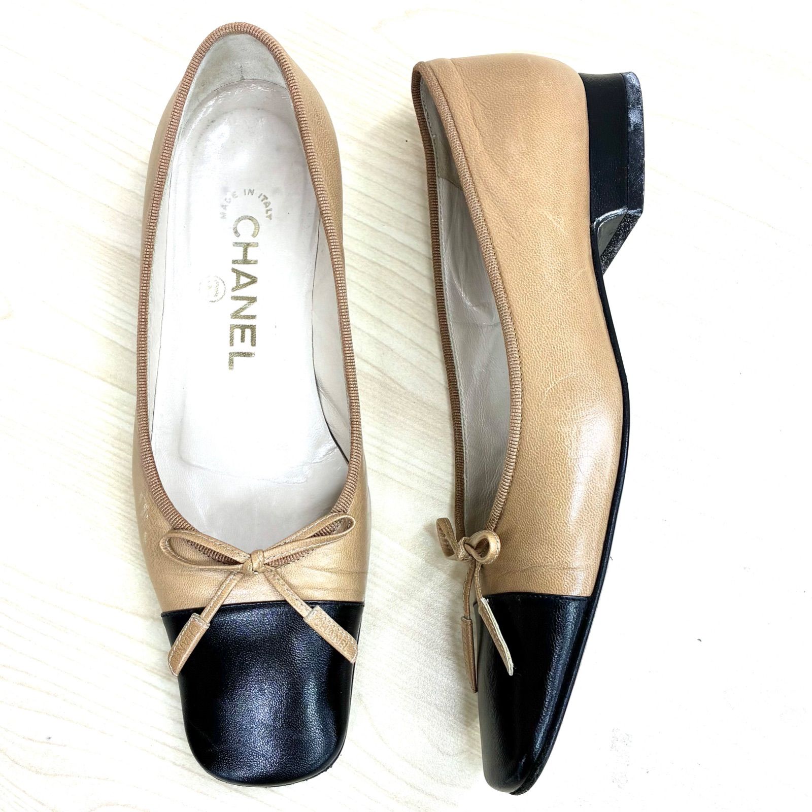 シャネル CHANEL】スクエアトゥ バイカラーローヒールパンプス 35 1/2 