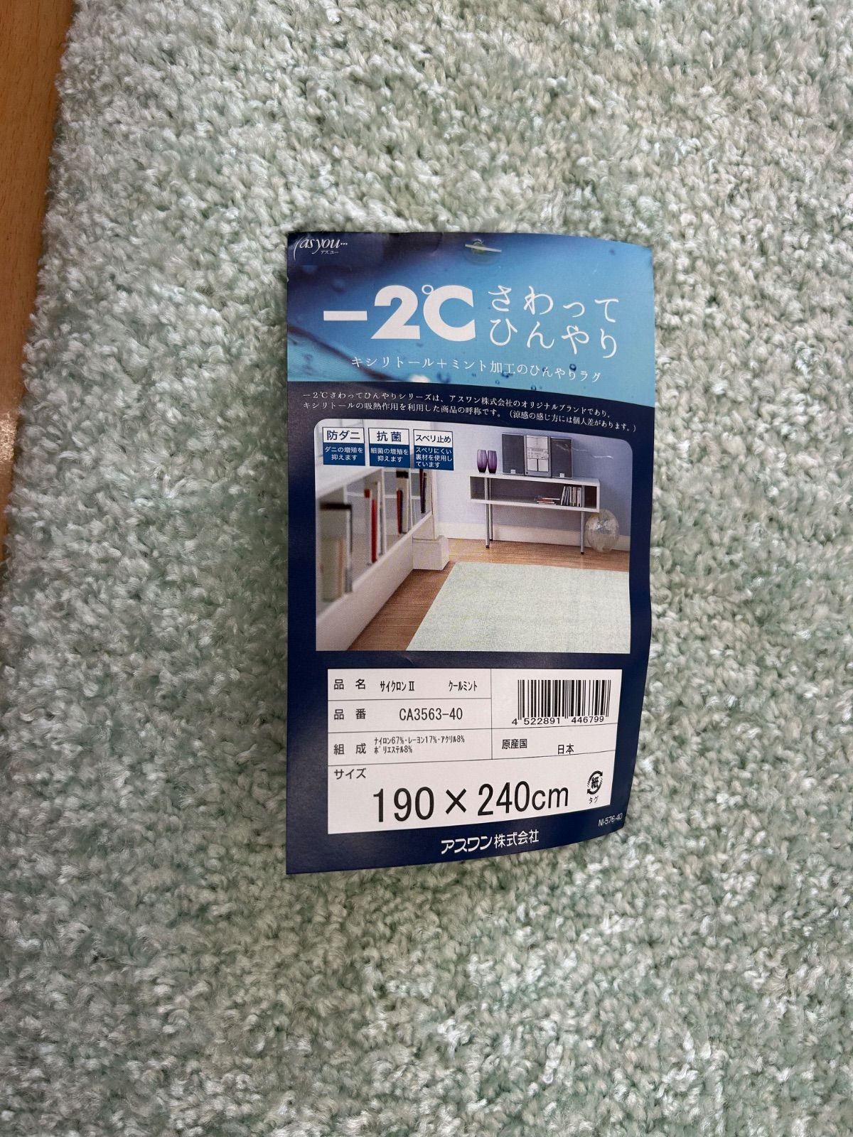 【タグ付き未使用品】ラグマット ひんやり（春・夏用）-2℃ サイクロンⅡ　クールミント　190X240㎝　日本製　アスワン