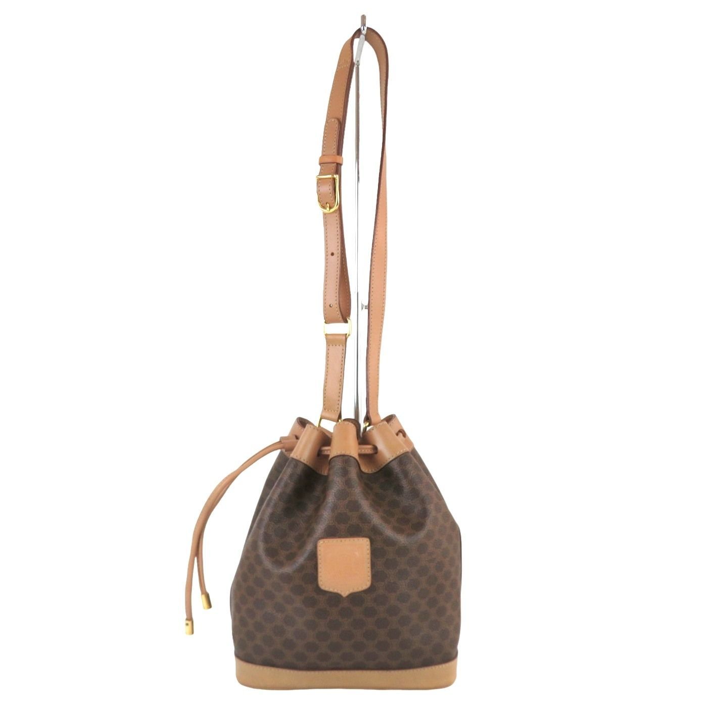 CELINE セリーヌ マカダム PVCxレザー 巾着ショルダーバッグ ブラウン