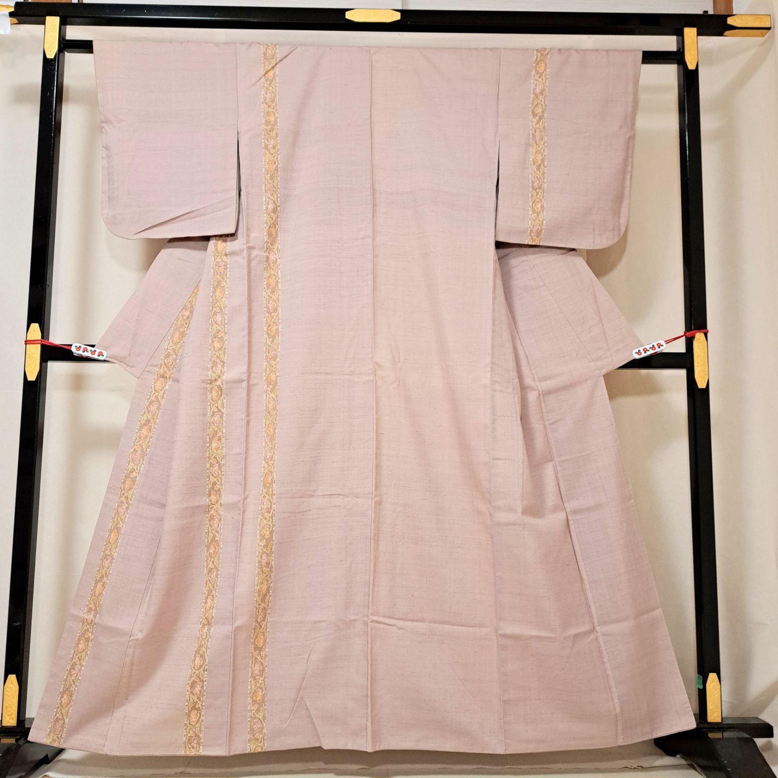紬着物】裄63.5 丈159 袖49 Lサイズ相当の身幅 紬 袷 更紗文様 縦縞