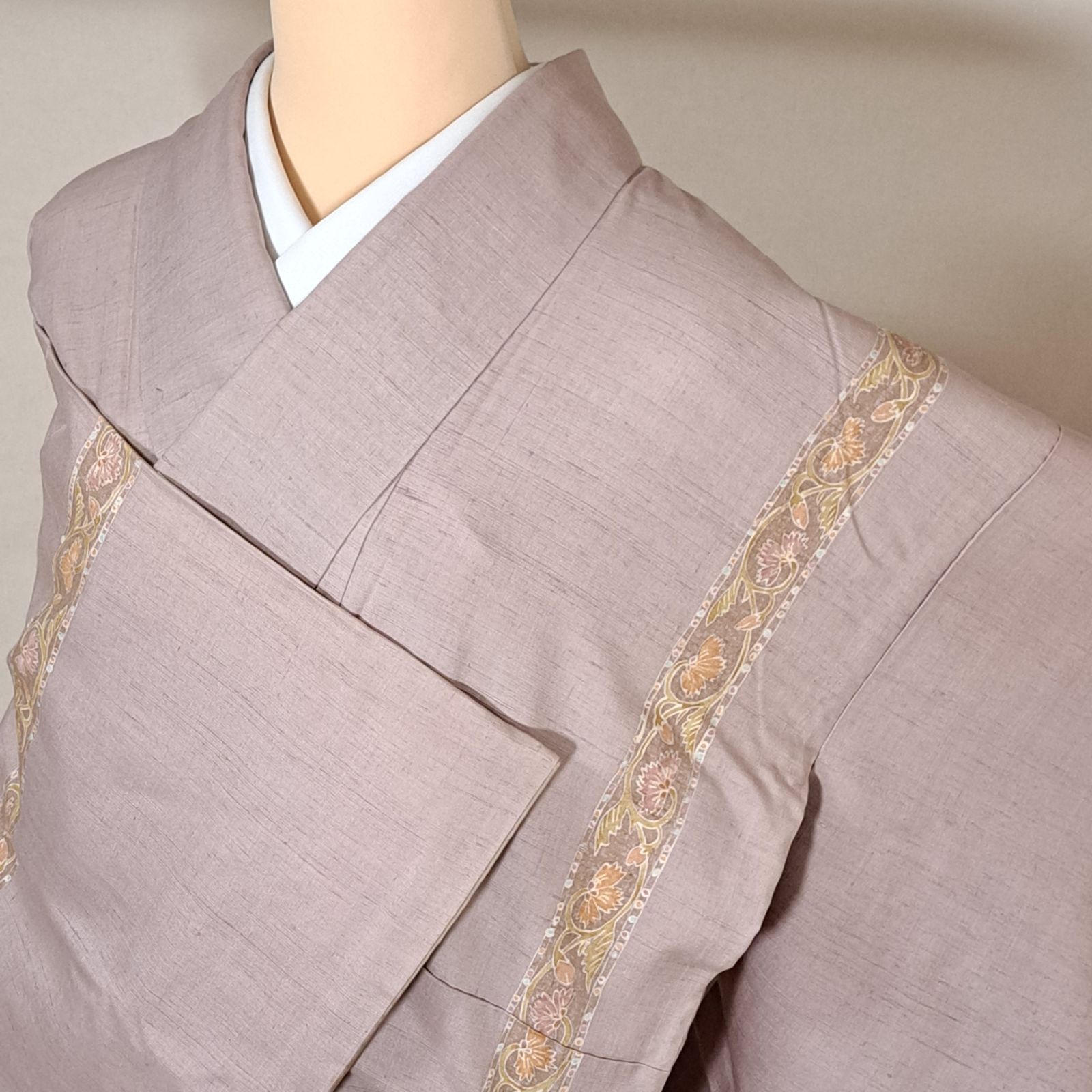 紬着物】裄63.5 丈159 袖49 Lサイズ相当の身幅 紬 袷 更紗文様 縦縞