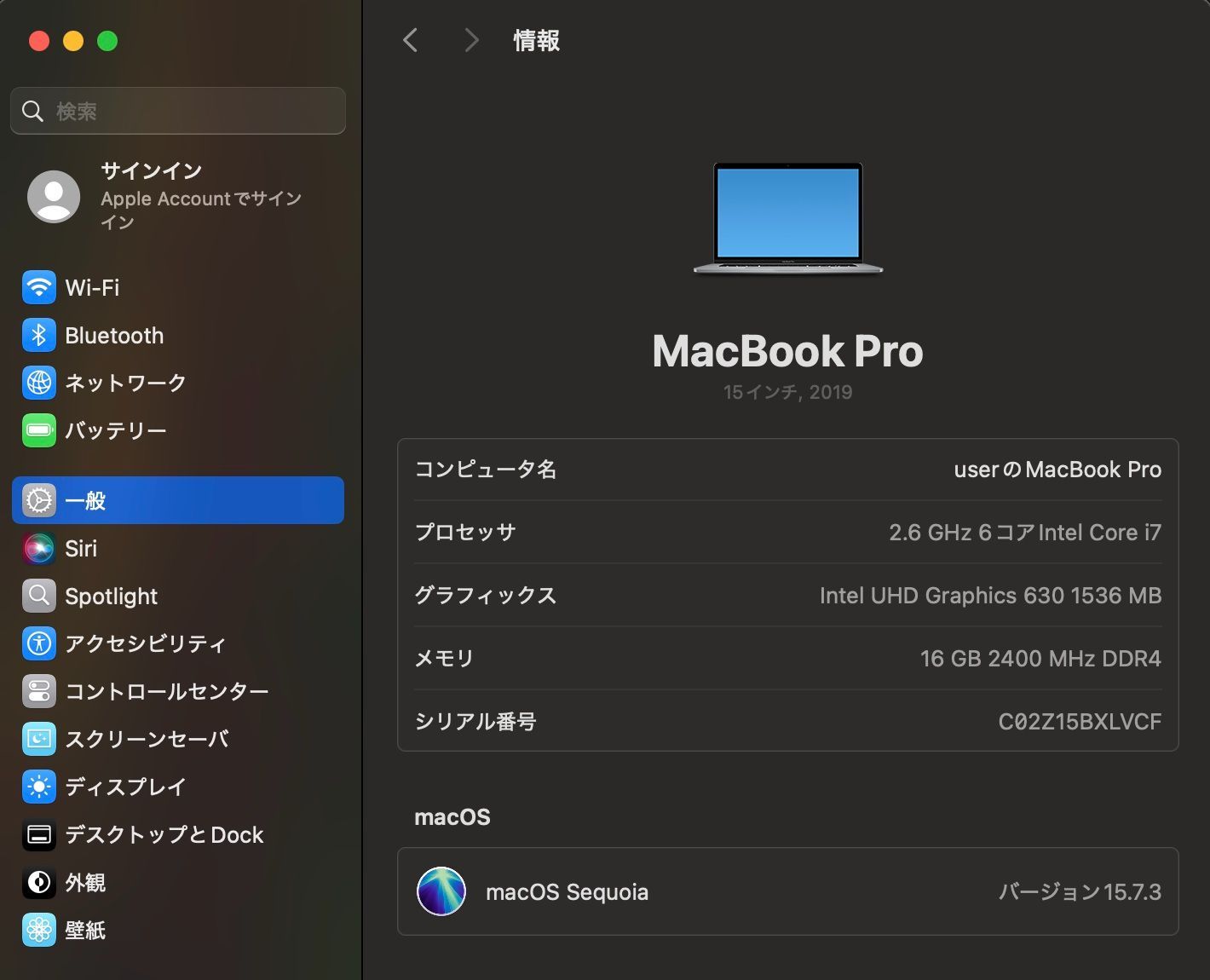 現状品】MacBook Pro（15インチ,2019）256GB/16GB〈MV902J/A〉④ 