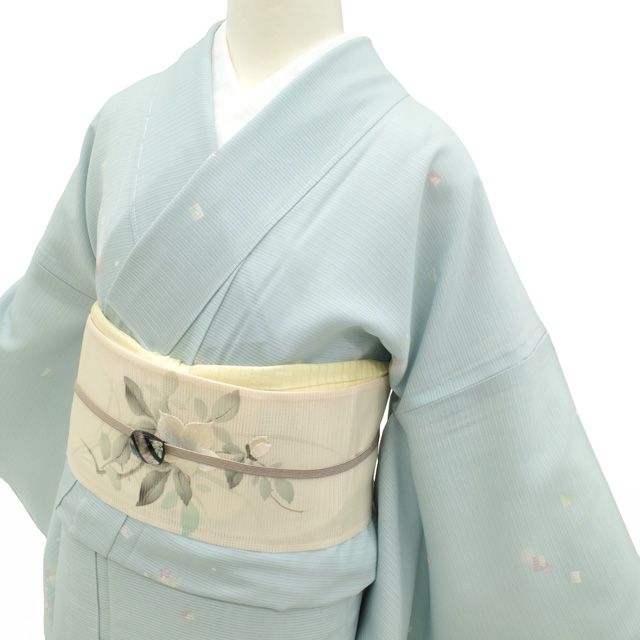 新古品】 夏物 小紋 着物 未使用 絽 正絹 単衣 染め柄 水色 ブルー系