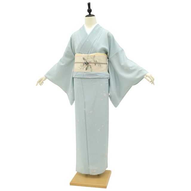 新古品】 夏物 小紋 着物 未使用 絽 正絹 単衣 染め柄 水色 ブルー系