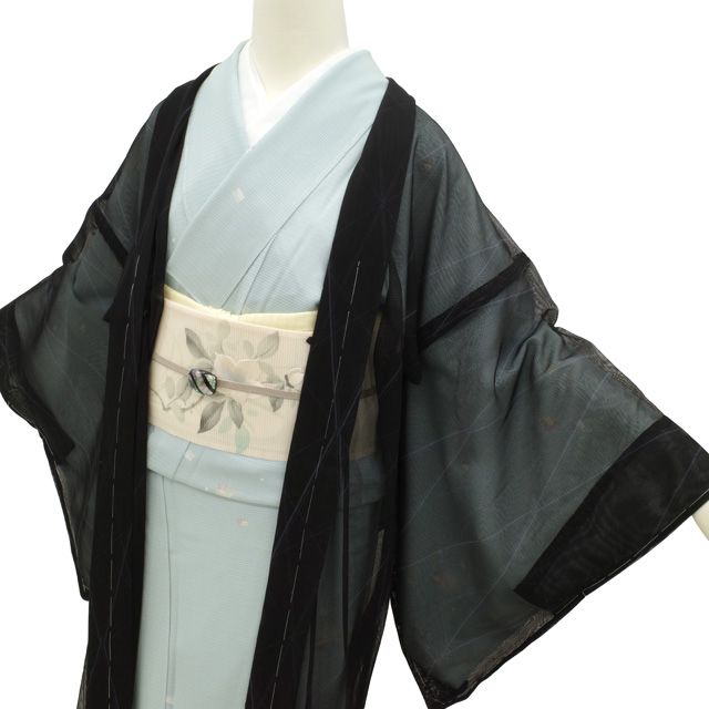 長羽織 秦流舎 紗 単衣 春 夏 秋 透け感 黒 斜め格子 モダン 新古品 ハオリモノ 仕立て上がり 身丈102 裄丈69 Ｌサイズ みやがわ sbs17355 新古品】 長羽織 秦流舎 紗 単衣 春 夏 秋 透け感 黒地 ブラック系