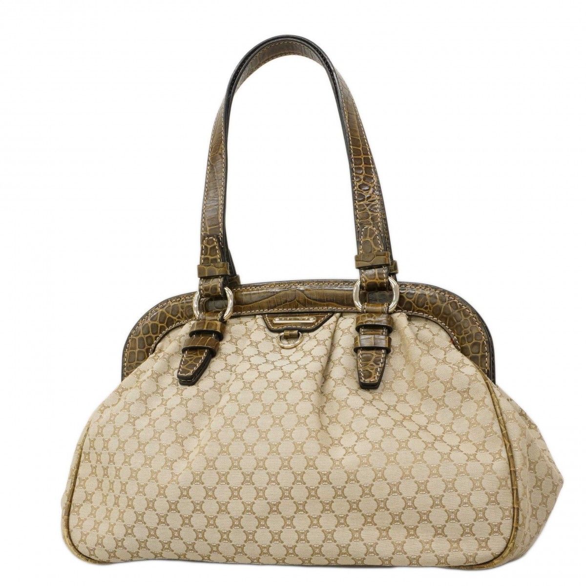 CELINE セリーヌ マカダム PVC ハンド バッグ ベージュ ゴールド 金具 