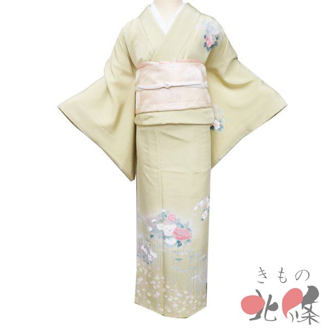 付け下げ 付下げ 訪問着 着物 中古 正絹 袷 花の図 梅 菊 桜 竹 やや灰みの黄系色 多色 身丈158cm 裄65cm M きもの北條 A1349-9 付け下げ 付下げ 訪問着 着物 中古 正絹 袷 花の図 梅 菊 桜 竹 やや灰