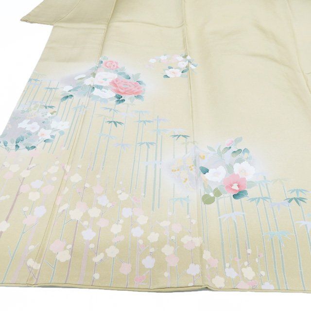 付け下げ 付下げ 訪問着 着物 中古 正絹 袷 花の図 梅 菊 桜 竹 やや灰