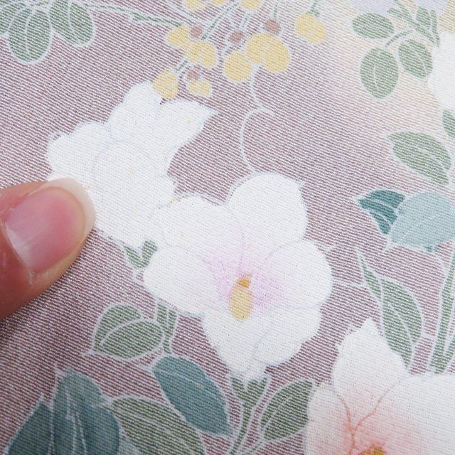 付け下げ 付下げ 訪問着 着物 中古 正絹 袷 花の図 梅 菊 桜 竹 やや灰