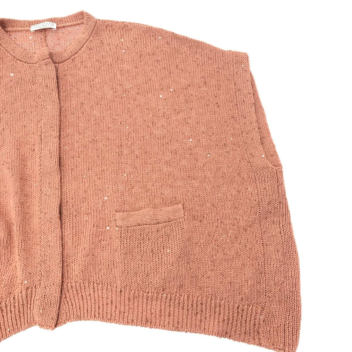 BRUNELLO CUCINELLI ブルネロクチネリ 半袖ニットカーディガン サイズ:S スパンコール   リネン×シルク混 ピンク レディース / 241011013118 BRUNELLO CUCINELLI - BRUNELLO CUCINELLI ブルネロクチネリ 半袖