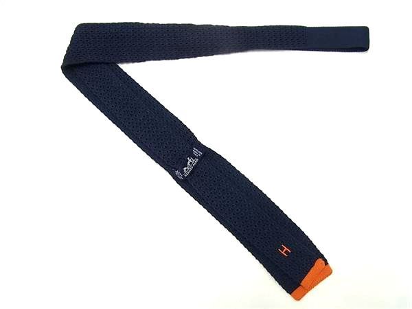 HERMES エルメス ニットタイ ネクタイネイビー ストライプ シルク100% □新品同様□ HERMES エルメス Hロゴ シルク100% ニットタイ ネクタイ