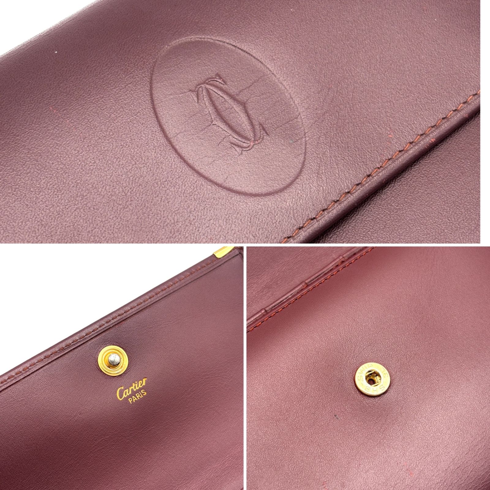 美品 Cartier カルティエ マストライン 三つ折り財布 カーフレザー ボルドー ワインレッド ゴールド金具 2Cロゴ 型押し コンパクトウォレット 中型財布 メンズ レディース ユニセックス ビンテージ ヴィンテージ 流行り 人気 定番 高級 ギフト Cartier - 美品 Cartier カルティエ マストライン 三つ折り財布 カーフ