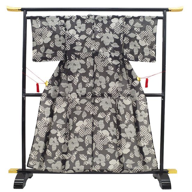 夏物 小紋 単衣 着物 未使用 正絹 型染 黒こげ茶 花 染め柄 夏 カジュアル 新古品 仕立て上がり 身丈159 裄丈64 Ｍサイズ みやがわ sb17365 新古品】 夏物 小紋 単衣 着物 未使用 正絹 型染 黒こげ茶 花 細縞
