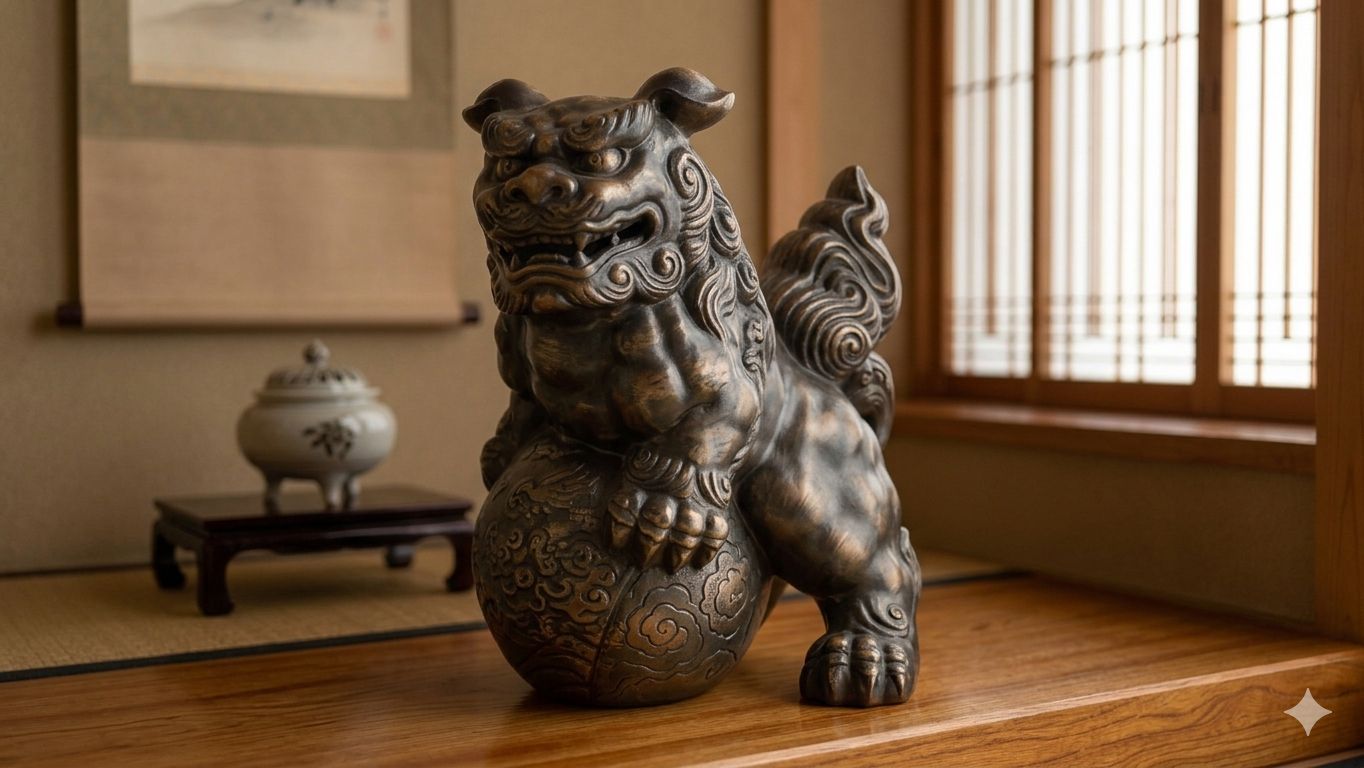 縁起物 魔除 唐獅子 置物 唐獅子 鞠（まり）持ち透かし彫り インテリア