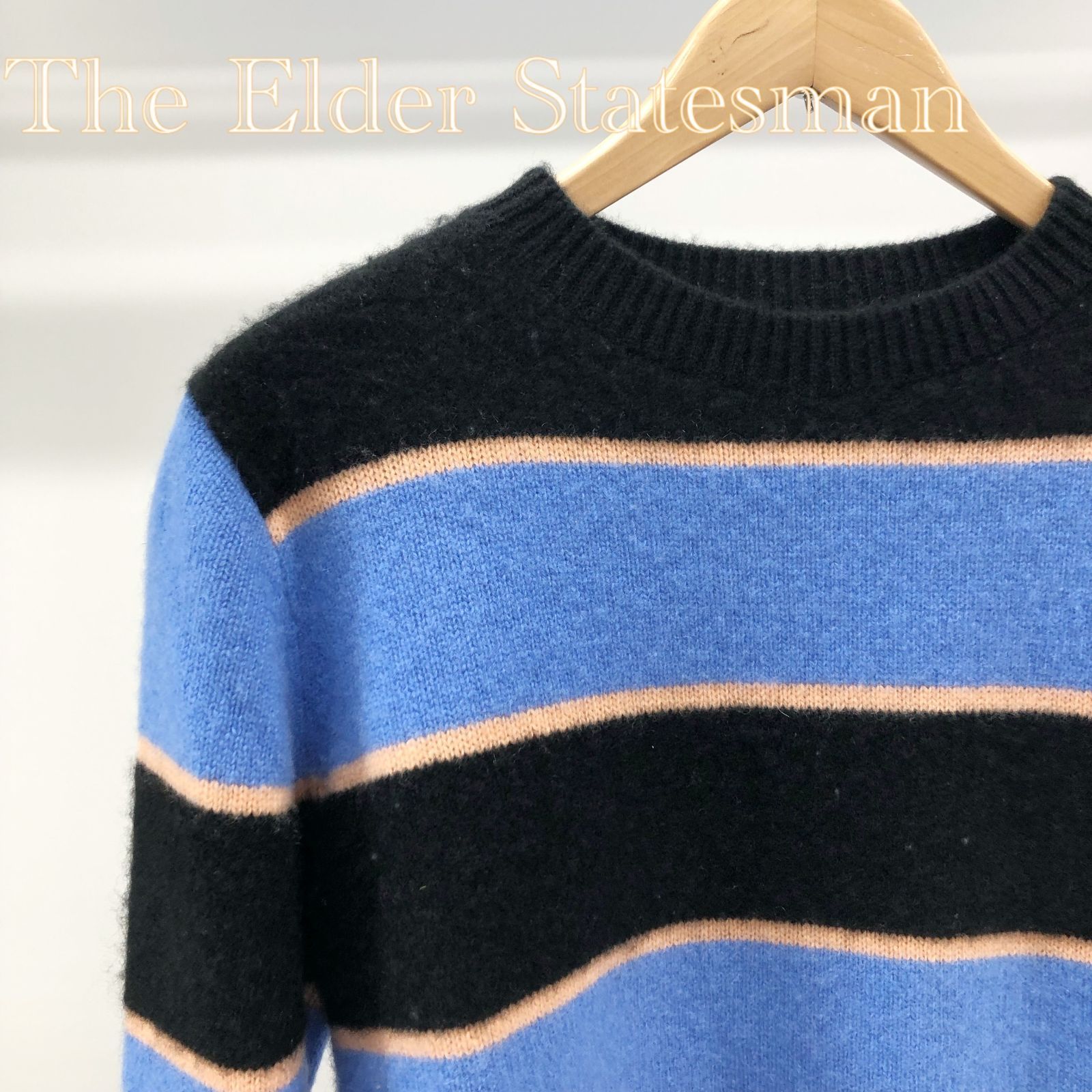 The Elder Statesman cashmere border crew ニット M 黒とオレンジ、サッカーブルーのボーダー柄 メンズ ファッション _234023
