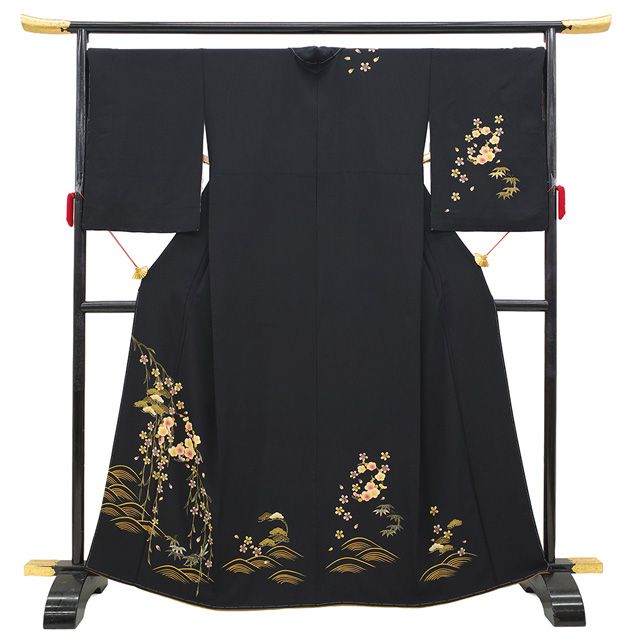 新古品】 訪問着 着物 手描き友禅 正絹 袷 黒 波 松竹梅 枝垂れ桜 古典