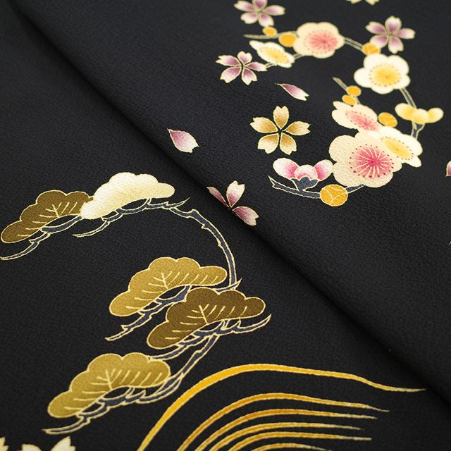 新古品】 訪問着 着物 手描き友禅 正絹 袷 黒 波 松竹梅 枝垂れ桜 古典