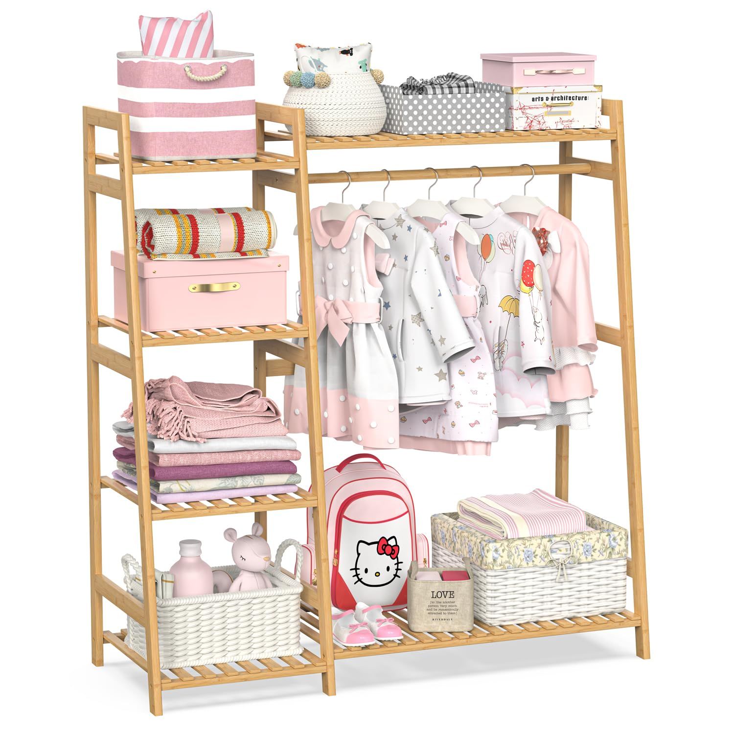 ハンガーラック キッズ 子供用 多段式 衣類収納 低め 竹製 かわいい 収納力 ナチュラル (ミディアム)