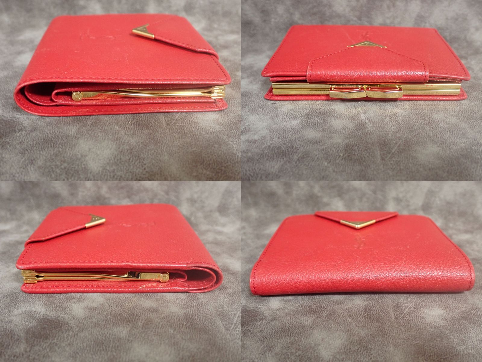 美品】イヴサンローラン 二つ折り財布 レッド ゴールド金具 コンパクト
