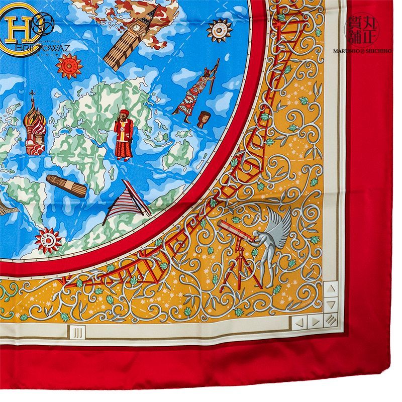 エルメス カレ90《www.hermes.com》世界地図（大陸地図） 赤 水色