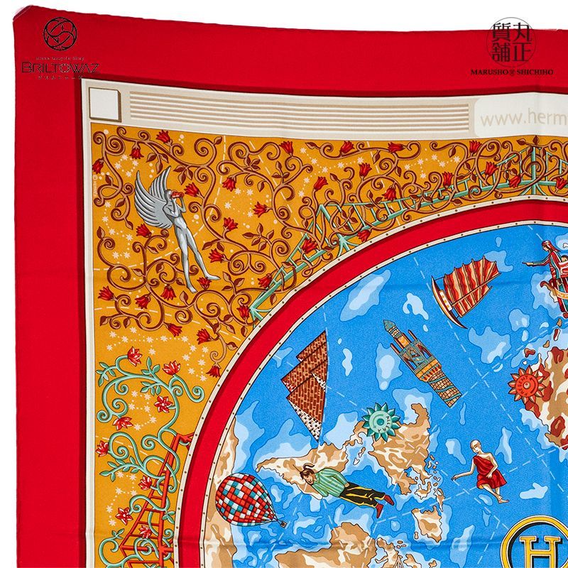エルメス カレ90《www.hermes.com》世界地図（大陸地図） 赤 水色