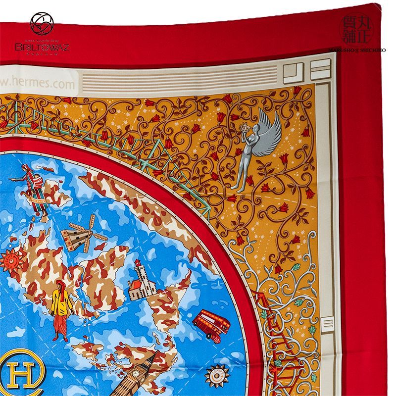 エルメス カレ90《www.hermes.com》世界地図（大陸地図） 赤 水色