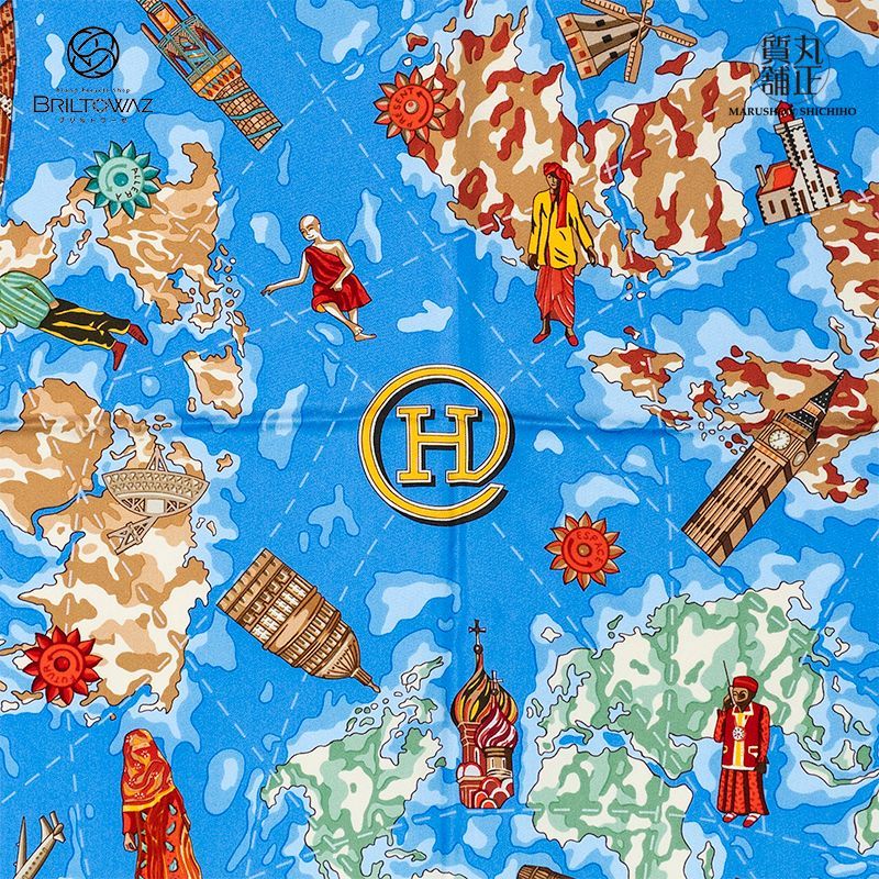 エルメス カレ90《www.hermes.com》世界地図（大陸地図） 赤 水色