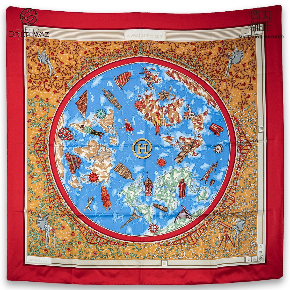エルメス カレ90《www.hermes.com》世界地図（大陸地図） 赤 水色