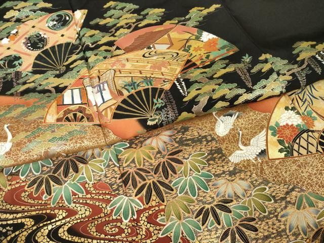 平和屋着物○女優・後藤久美子ブランド 黒留袖 駒刺繍 扇面飛鶴花文