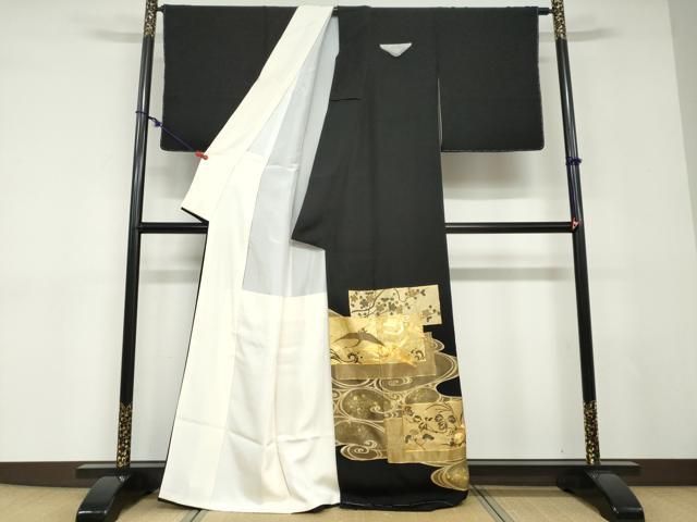 平和屋着物●豪華黒留袖　駒刺繍　流水飛鶴草花文　金彩　正絹　逸品　未使用　DABD9043ud 平和屋着物○豪華黒留袖 駒刺繍 流水飛鶴草花文 金彩 正絹 逸品 未使用