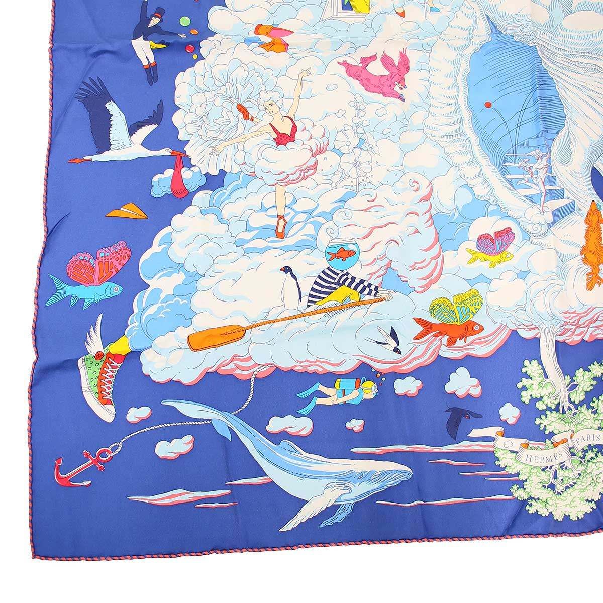 HERMES エルメス カレ90 Sur mon nuage 私の雲 シルクスカーフ ブルー