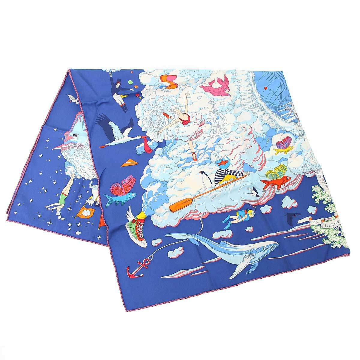 HERMES エルメス カレ90 Sur mon nuage 私の雲 シルクスカーフ ブルー