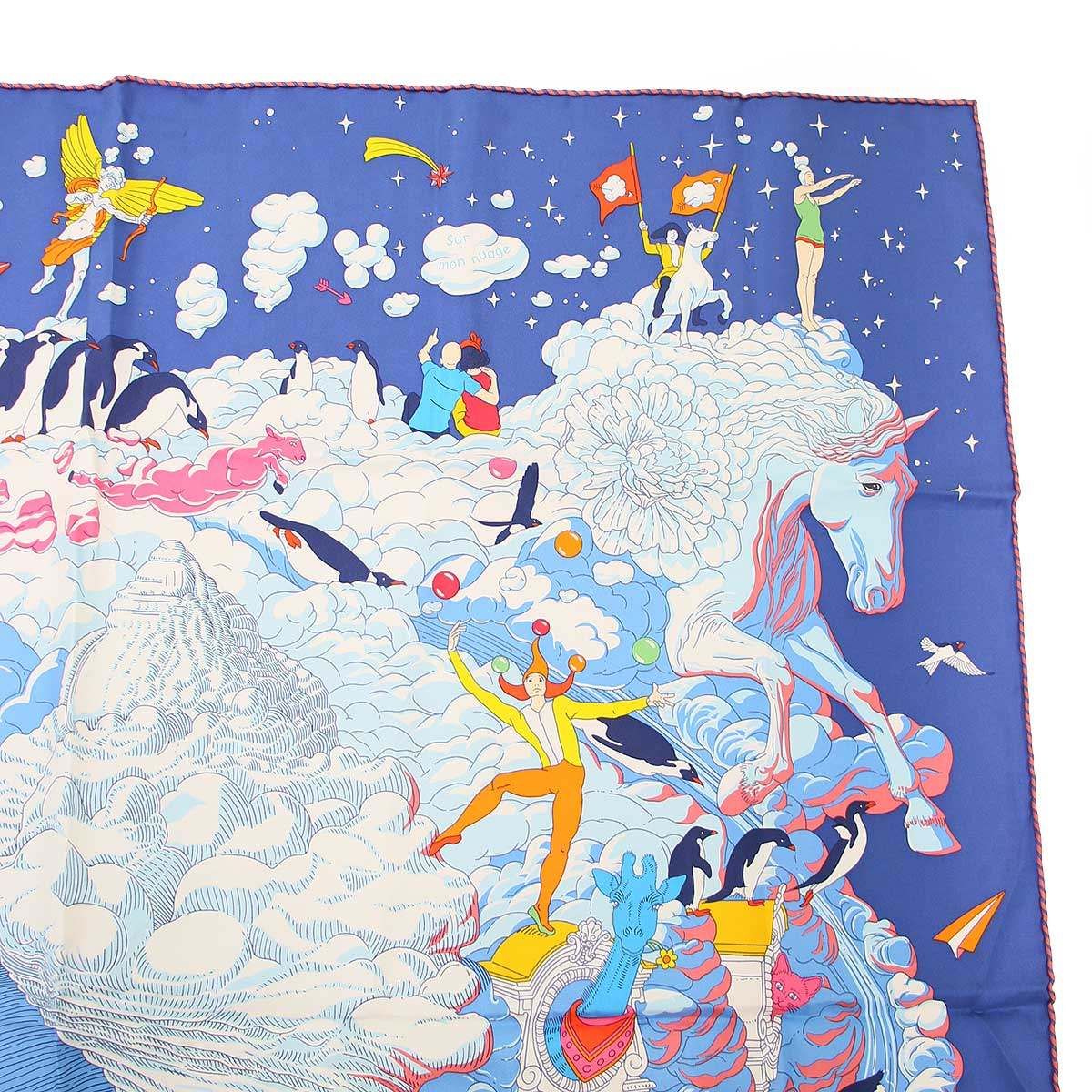 HERMES エルメス カレ90 Sur mon nuage 私の雲 シルクスカーフ ブルー
