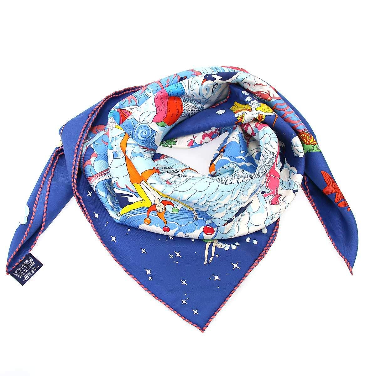 HERMES エルメス カレ90 Sur mon nuage 私の雲 シルクスカーフ ブルー