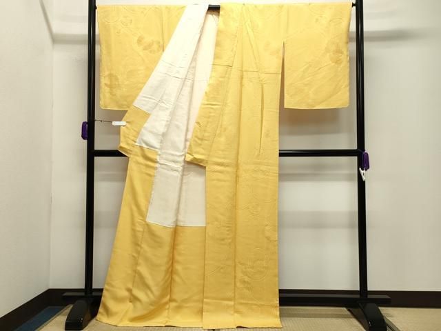 平和屋着物●上質な色無地　鏡裏花地紋　支子色　ロング丈　正絹　逸品　未使用　CABD9158gh 平和屋着物○上質な色無地 鏡裏花地紋 支子色 ロング丈 正絹 逸品 未